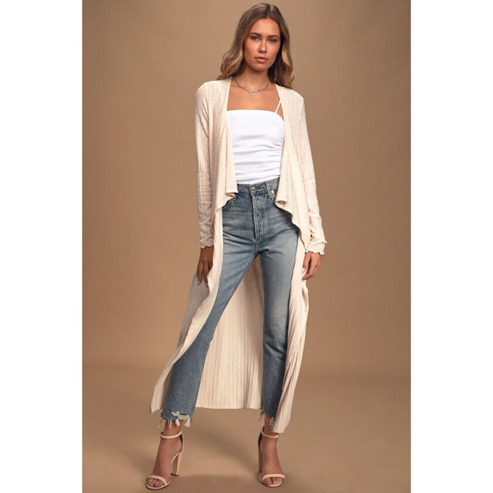 Lulu's Cream Long Open-Front Ribbed Duster Cardigan